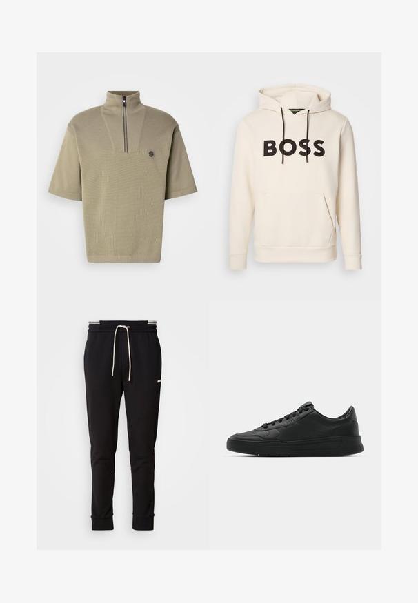 Κρεμ χρώματος hoodie με μαύρο κείμενο "BOSS" στο στήθος, μαύρες κορδόνες και μπροστινή τσέπη καγκουρό.; Πόλο μπλούζα με κοντό μανίκι, ελαιόχρωμη, με ψηλό γιακά και μισό φερμουάρ, διαθέτοντας υφή πλέξης και μικρό λογότυπο στη αριστερή πλευρά του στήθους.; Μαύρο παντελόνι jogger σε στενή γραμμή με λευκή κορδονιέρα, ραμμένα μανίκια και διακριτικό λογότυπο στο πάνω μέρος του μηρού, σε απλό φόντο.; Μαύρο αθλητικό παπούτσι με λείο δέρμα, στρογγυλή μύτη, επίπεδα κορδόνια, μαξιλαρωμένο κολάρο και μινιμαλιστικό σχέδιο. Καουτσούκ σόλα με ήπιο μοτίβο πρόσφυσης.