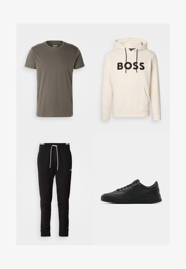 Un hanorac crem cu text negru "BOSS" pe piept, sireturi negre și o buză frontală tip kangur.; Mads Nørgaard THOR TEE - Tricou basic - beluga; Pantaloni jogger slim-fit negri cu șnur alb, manșete ribbate și un logo discret pe coapsa superioară, pe un fundal simplu.; Nike sport cu partea superioară din piele netedă, vârf rotund, sireturi plate, guler căptușit și design minimalist. Talpă din cauciuc cu un model discret de profil.