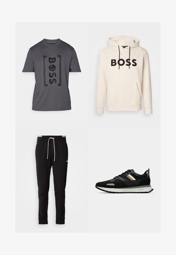 Kermakuvioinen huppari, jossa musta "BOSS" -teksti rinnassa, mustat narut ja etupuolella kengurupocket.; Harmaa puuvillapaita, jossa on teksturoitu "BOSS"-logo mustana. Lyhyet hihat, pyöreä pääntie ja pehmeä kangas, jossa on hieno kiilto.; Musta slim-fit juoksuhousut valkoisella nauhalla, ribbireunat ja hillitty logo ylemmässä reidessä tasaisella taustalla.; Musta juoksukenkä, jossa on tekstuuroitu pinta, vaaleanharmaita yksityiskohtia ja kolme vaaleanruskeaa vaakaraitaa. Kenkässä on valkoinen pehmustettu pohja.