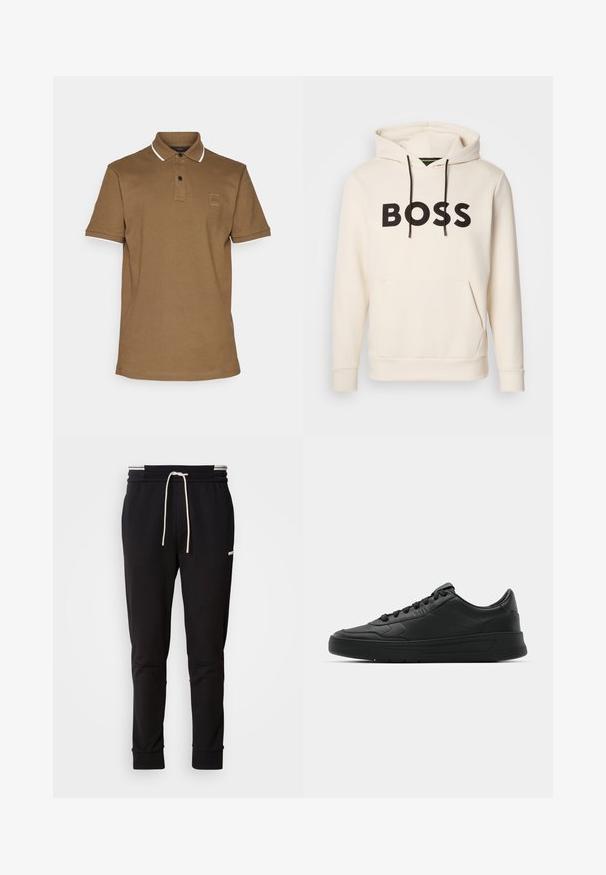 Kremowa bluza z kapturem z czarnym napisem "BOSS" na klatce piersiowej, czarne sznurki oraz przednia kieszeń kangurka.; Brązowa koszulka polo z kołnierzykiem, białym wykończeniem rękawów, zapięciem na dwa guziki i małą naszywką z logo na klatce piersiowej. Materiał z mieszanki bawełny.; Czarne slim-fit joggery z białym sznurkiem, ściągaczami u dołu i dyskretnym logo na górnej części uda na jednolitym tle.; Czarny sneakers z gładkiej skórzanej cholewce, okrągłym nosku, płaskimi sznurówkami, wyściółką kołnierza i minimalistycznym designie. Gumowa podeszwa z delikatnym wzorem bieżnika.