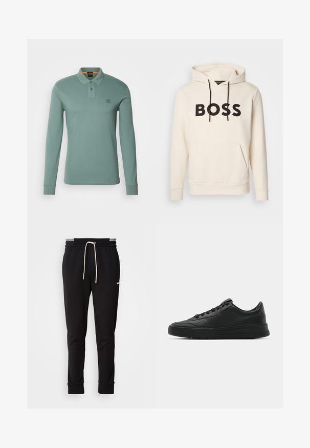 Kremfarget hettegenser med svart "BOSS" tekst på brystet, svarte snorer og en kengurulomme foran.; BOSS PASSERBY - Poloskjorter - open green; Sorte slim-fit joggebukser med hvit snor, ribbede mansjetter og subtil logo på den øvre låret mot en ensfarget bakgrunn.; Sorte sneakers med glatt skinnøvre, rund tå, flate lisser, polstret krage og minimalistisk design. Gummisåle med subtilt mønster.