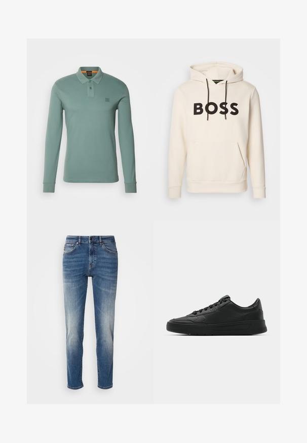 Helle Hoodie in Cremefarbe mit schwarzem "BOSS"-Text auf der Brust, schwarzen Kordelzügen und einer frontalen Kängurutasche.; BOSS PASSERBY - Poloshirt - open green; Blaue Jeans aus Denim mit geradem Bein, leichter Ausbleichung, klassischer Fünf-Taschen-Stil und einem Reißverschluss mit Knopfverschluss.; Schwarze Sneaker mit glattem Lederobermaterial, runder Zehenpartie, flachen Schnürsenkeln, gepolstertem Kragen und minimalistischem Design. Gummisohle mit subtiler Profilierung.