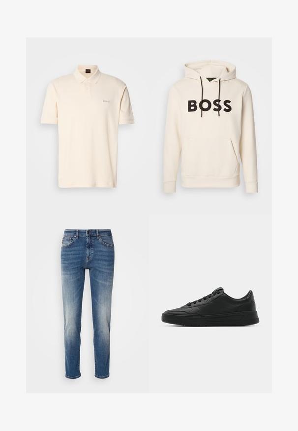 Kreminės spalvos džemperis su juodu "BOSS" tekstu ant krūtinės, juodomis pavadėlėmis ir priekinėmis kengūros kišenėmis.; Kremo spalvos polo marškiniai, pagaminti iš medvilnės, su dviem mygtukų užsegimu ir mažuoju siuvinėtu „BOSS“ logotipu kairėje krūtinės pusėje. Trumpi rankovės.; Mėlyni džinsai su tiesiu kirpimu, šviesiu nusidėvėjimu, klasikinė penkių kišenių stiliumi ir užtrauktuku su sagute.; Juodi sportiniai batai su lygia odine viršutine dalimi, apvaliu pirštu, plokščiomis raišteliais, pagaminta su paminkštinta apykakle ir minimalizmo dizainu. Guma padais su subtilia protektoriaus raštu.