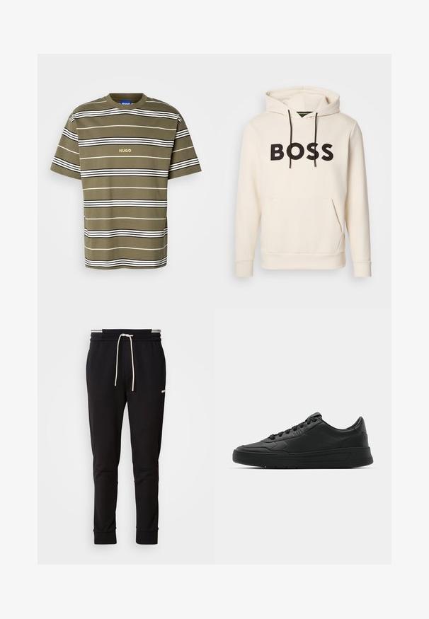 Kermakuvioinen huppari, jossa musta "BOSS" -teksti rinnassa, mustat narut ja etupuolella kengurupocket.; Vihreä oliivinvärinen t-paita, jossa on vaakasuoria valkoisia ja mustia raitoja, pyöreä kaula-aukko, avara istuvuus ja kultainen "Hugo" -logo keskellä rintaa.; Musta slim-fit juoksuhousut valkoisella nauhalla, ribbireunat ja hillitty logo ylemmässä reidessä tasaisella taustalla.; Mustat lenkkitossut, joissa on sileä nahkapäällinen, pyöreä kärki, tasaiset nauhat, pehmustettu nilkka ja minimalistinen muotoilu. Kumia pohja, jossa on hillitty urakuvio.