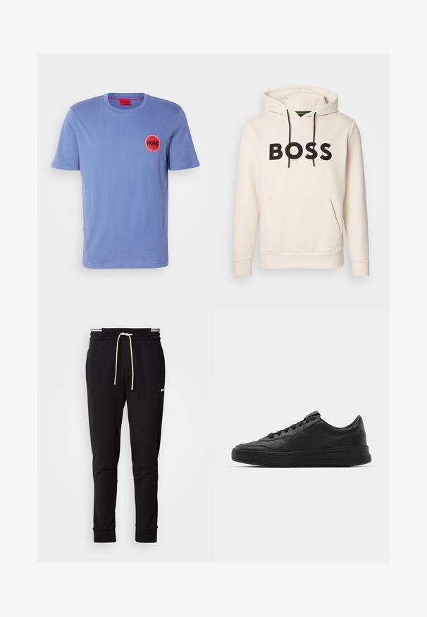 Cremefarvet hoodie med sort "BOSS" tekst på brystet, sorte snore og en front kangaroo lomme.; Lysblå bomulds T-shirt med korte ærmer, rund halsudskæring og et cirkulært rødt logo med ordet "HUGO" i sort med et ternet kant.; Sorte slim-fit joggingbukser med hvid snor, ribbede manchetter og subtilt logo på den øvre lår mod en ensfarvet baggrund.; Sort sneakers med glat læderoverdel, rund tå, flade snørebånd, polstret krave og minimalistisk design. Gummisål med subtilt mønster.
