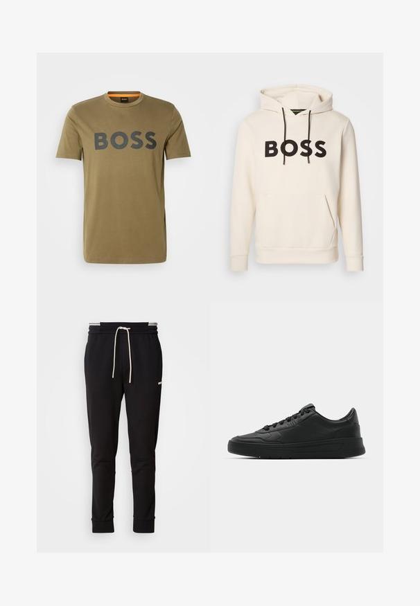 Kermakuvioinen huppari, jossa musta "BOSS" -teksti rinnassa, mustat narut ja etupuolella kengurupocket.; Olivgrön t-shirt av bomull med rundad halsringning, med en stor svart "BOSS" logotyp över bröstet och korta ärmar.; Musta slim-fit juoksuhousut valkoisella nauhalla, ribbireunat ja hillitty logo ylemmässä reidessä tasaisella taustalla.; Mustat lenkkitossut, joissa on sileä nahkapäällinen, pyöreä kärki, tasaiset nauhat, pehmustettu nilkka ja minimalistinen muotoilu. Kumia pohja, jossa on hillitty urakuvio.