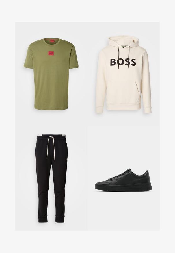 Krämfärgad huvtröja med svart "BOSS"-text på bröstet, svarta dragsnören och en framficka i känguru-stil.; HUGO DIRAGOLINO - T-shirt - bas - open green; Svarta slim-fit joggerbyxor med vit dragsko, ribbade muddar och subtil logotyp på övre låret mot en neutral bakgrund.; Svart sneaker med slät läderöverkänsla, rund tå, platta snören, vadderad krage och minimalistisk design. Gummisula med subtilt mönster.