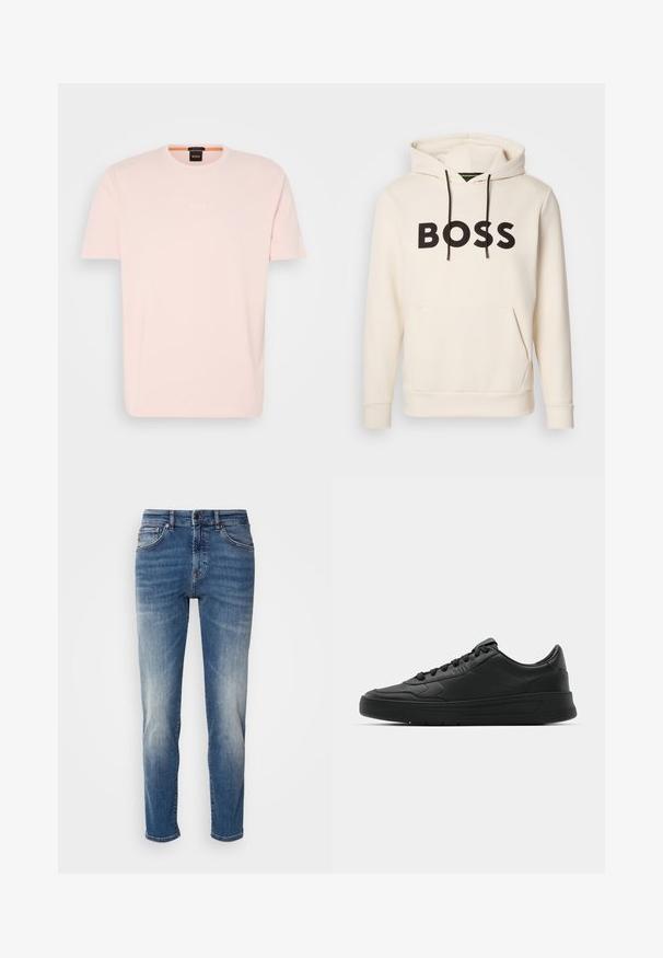 Krēmkrāsas kapuce ar melnu "BOSS" tekstu uz krūtīm, melniem auklām un priekšējo kangaru kabatu.; Gaišrozā kokvilnas T-krekls ar apaļu kakla izgriezumu, īsām piedurknēm un mazu balto "BOSS" logotipu krūtīs. Vienkārša un gluda tekstūra.; Zilas džinsu bikses ar taisnu kāju dizainu, vieglu nodilumu, klasisko piecu kabatu stilu un rāvējslēdzēju ar pogu aizdari.; Melnās kedas ar gludu ādas augšpusi, apaļu purngalu, plakaniem šņorēm, mīkstinātu apkakli un minimālistisku dizainu. Gumijas zole ar smalku rakstu.