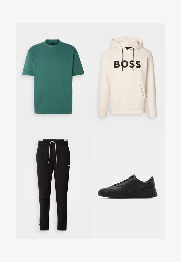 Krém színű kapucnis pulóver fekete "BOSS" felirattal a mellrészen, fekete húzózsinórokkal és egy elülső kenguruzsebbek.; Zöld, rövid ujjú pamut póló, bordás kerek nyakkivágással és finom vállrész kiemelésekkel. Minimalista tervezés, minták nélkül.; Fekete, slim-fit jogger nadrág fehér húzózsinórral, bordás mandzsettákkal és diszkrét logóval a comb felső részén, egyszínű háttér előtt.; Fekete sneaker sima bőr felsőrésszel, kerek orral, lapos fűzőkkel, párnázott nyakkal és minimalista dizájnnal. Gumi talp finom profillal.