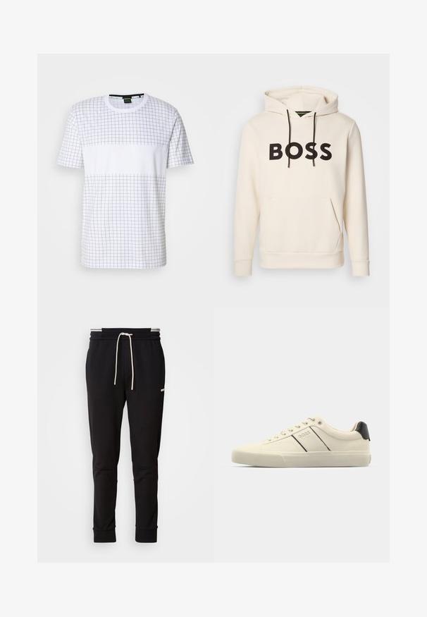 Krém színű kapucnis pulóver fekete "BOSS" felirattal a mellrészen, fekete húzózsinórokkal és egy elülső kenguruzsebbek.; Fehér, rövid ujjú póló, szürke rácsos mintával. A dizájn tartalmaz egy szilárd sávot a középen, amelyen logó részlet található.; Fekete, slim-fit jogger nadrág fehér húzózsinórral, bordás mandzsettákkal és diszkrét logóval a comb felső részén, egyszínű háttér előtt.; Krém színű sneakers, sima textúrával, fekete kiegészítőkkel és márkajelzéssel. Klasszikus fűzős dizájn, kerek orral és gumitalppal.