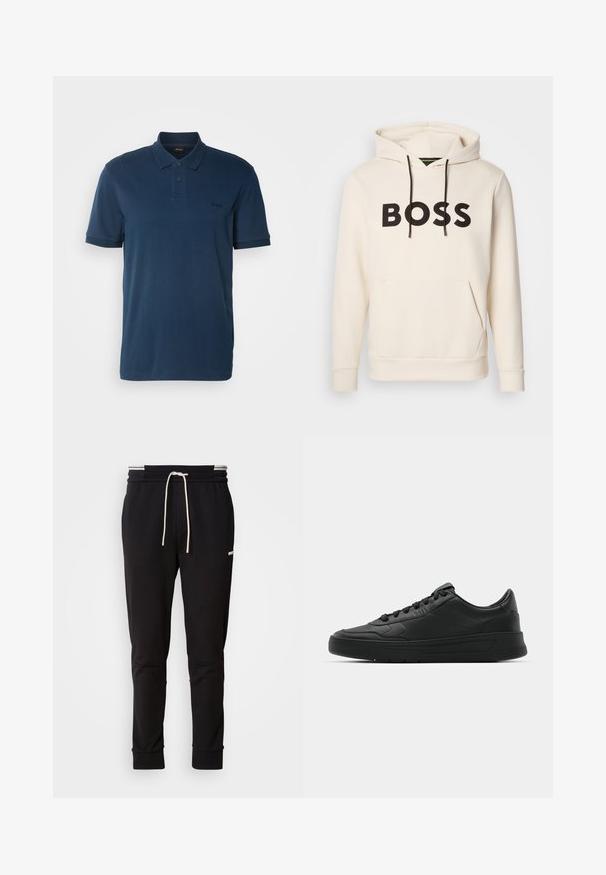 Kreemivärvi kapuutsiga särk, millel on must "BOSS" tekst rinna peal, mustad nöörid ja esine tasku.; BOSS Polosärk - open blue; Mustad slim-fit spordipüksid valge paelaga, ribakudumiga sääreotstes ja õrn logo ülemisel reies, mille taust on lihtne.; Mustmustel musta nahast ülemise osaga, ümmarguse varbaga, lamest paeltega, pehmendatud kaeluse ja minimalistliku disainiga. Kummist tald, millel on peen tihenemine.