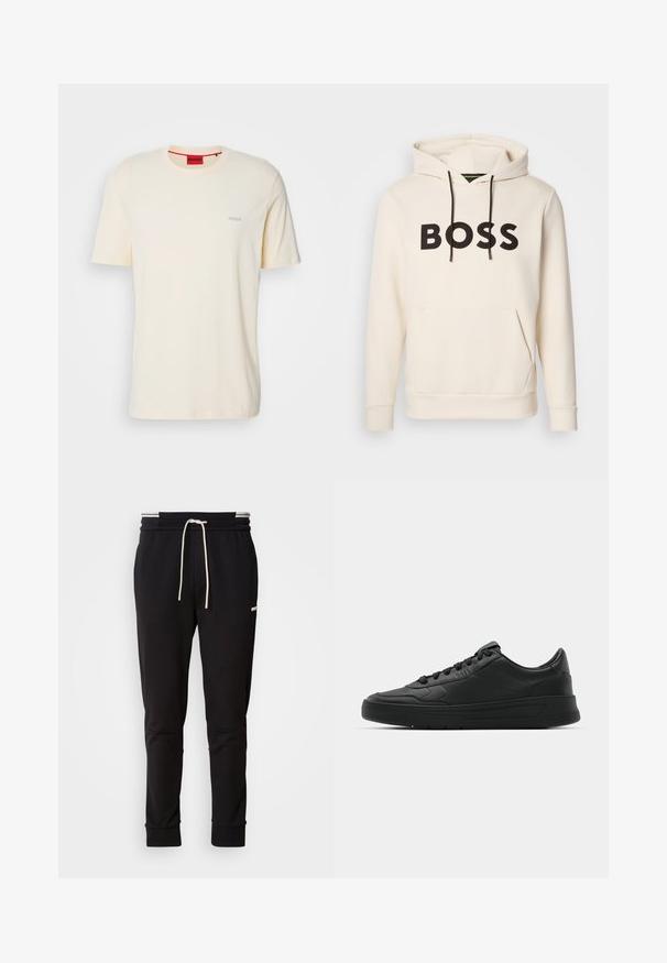 Sweatshirt creme com o texto "BOSS" em preto no peito, cordões pretos e um bolso tipo canguru na frente.; HUGO DERO - T-shirt básica - light beige; Calças de jogging slim-fit pretas com cordão branco, punhos canelados e um logótipo subtil na parte superior da coxa, contra um fundo simples.; Sapatilha preta com parte superior em couro liso, bico arredondado, cadarços planos, colarinho almofadado e design minimalista. Sola de borracha com padrão de tração discreto.