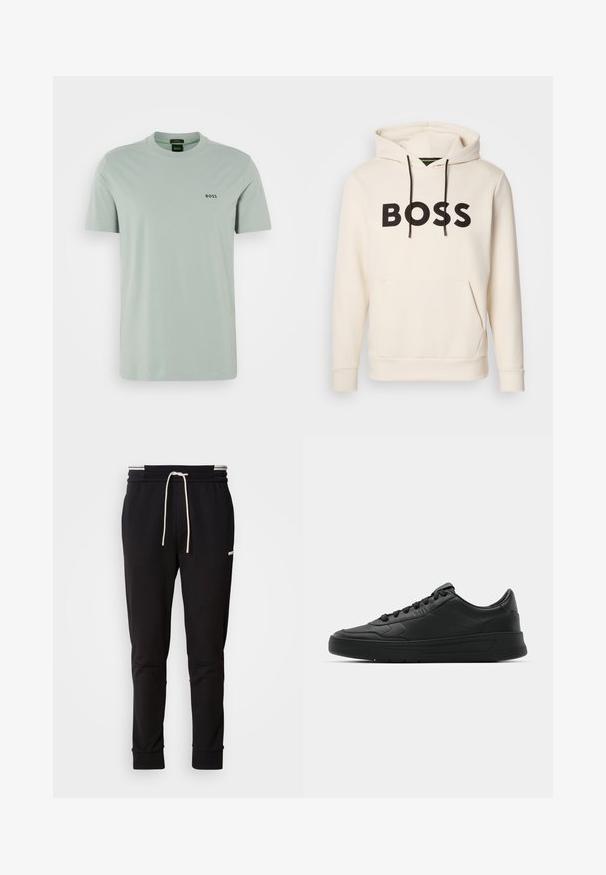Helle Hoodie in Cremefarbe mit schwarzem "BOSS"-Text auf der Brust, schwarzen Kordelzügen und einer frontalen Kängurutasche.; Hellegrünes Baumwoll-T-Shirt mit kurzen Ärmeln und Rundhalsausschnitt. Mit einem schwarzen "BOSS"-Logo auf der Brust. Glatte Textur.; Schwarzere Slim-Fit-Jogginghose mit weißem Kordelzug, gerippten Bündchen und subtilen Logo am Oberschenkel auf einem schlichten Hintergrund.; Schwarze Sneaker mit glattem Lederobermaterial, runder Zehenpartie, flachen Schnürsenkeln, gepolstertem Kragen und minimalistischem Design. Gummisohle mit subtiler Profilierung.