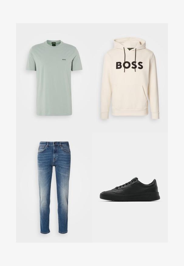 Cremefarvet hoodie med sort "BOSS" tekst på brystet, sorte snore og en front kangaroo lomme.; Lys grøn bomulds t-shirt med korte ærmer og rund halsudskæring. Indeholder et sort "BOSS" logo på brystet. Glat tekstur.; Blå denimjeans med lige ben, let falmet finish, klassisk fem-lomme-design og lynlås med knaplukning.; Sort sneakers med glat læderoverdel, rund tå, flade snørebånd, polstret krave og minimalistisk design. Gummisål med subtilt mønster.