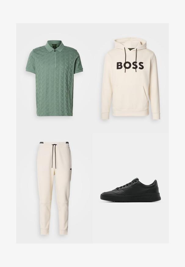 Cremefarvet hoodie med sort "BOSS" tekst på brystet, sorte snore og en front kangaroo lomme.; Kortærmet grøn polo t-shirt med struktureret geometrisk mønster, lynlåskrave og subtilt broderet logo på brystet.; Cremefarvede joggerbukser med elastisk talje og snøre, sorte detaljer, smalle ben og sidelommer.; Sort sneakers med glat læderoverdel, rund tå, flade snørebånd, polstret krave og minimalistisk design. Gummisål med subtilt mønster.