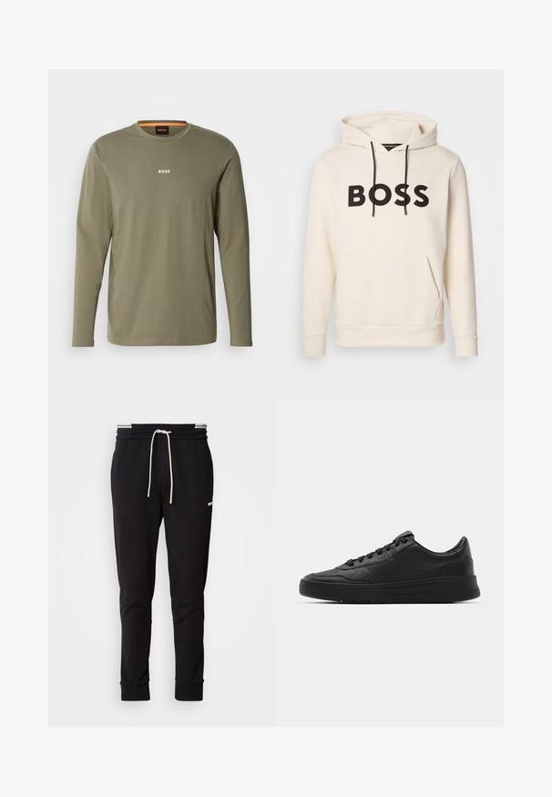 Kermakuvioinen huppari, jossa musta "BOSS" -teksti rinnassa, mustat narut ja etupuolella kengurupocket.; Pitkähihaisessa oliivinvihreässä T-paidassa on pehmeä kangas, pyöreä pääntie ja valkoinen "BOSS"-logo rinnassa. Sujuva pinta.; Musta slim-fit juoksuhousut valkoisella nauhalla, ribbireunat ja hillitty logo ylemmässä reidessä tasaisella taustalla.; Mustat lenkkitossut, joissa on sileä nahkapäällinen, pyöreä kärki, tasaiset nauhat, pehmustettu nilkka ja minimalistinen muotoilu. Kumia pohja, jossa on hillitty urakuvio.