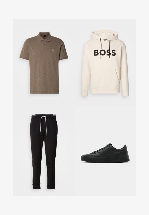 Sweatshirt creme com o texto "BOSS" em preto no peito, cordões pretos e um bolso tipo canguru na frente.; Polo shirt castanho feito de tecido texturizado, com uma pala de botão dupla e um discreto logótipo no lado esquerdo do peito. Inclui mangas curtas.; Calças de jogging slim-fit pretas com cordão branco, punhos canelados e um logótipo subtil na parte superior da coxa, contra um fundo simples.; Sapatilha preta com parte superior em couro liso, bico arredondado, cadarços planos, colarinho almofadado e design minimalista. Sola de borracha com padrão de tração discreto.