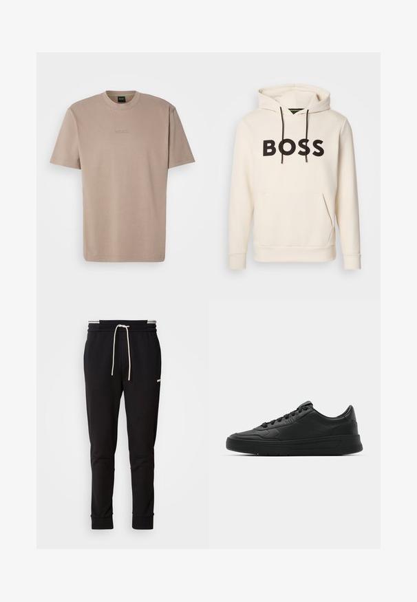 Krémová mikina s kapucí a černým nápisem "BOSS" na hrudi, černými stahovacími šňůrkami a přední kapsou ve stylu klokan.; Beige tričko s krátkým rukávem z měkké bavlny s klasickým výstřihem, se vyšívaným logem "BOSS" na hrudi.; Černé slim-fit joggingové kalhoty s bílou stahovací šňůrkou, žebrovanými manžetami a jemným logem na horní části stehna na jednoduchém pozadí.; Černé tenisky s hladkým koženým svrškem, kulatou špičkou, plochými tkaničkami, polstrovaným límcem a minimalistickým designem. Gumová podrážka s jemným vzorkem.
