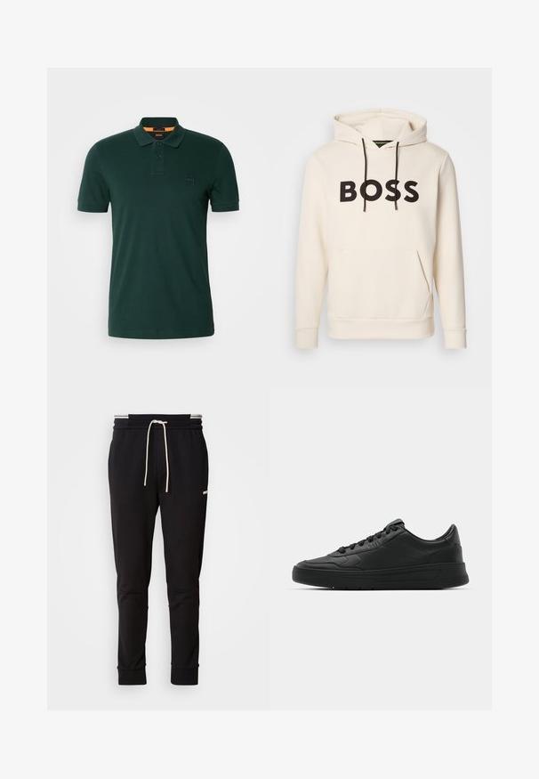 Kremfarget hettegenser med svart "BOSS" tekst på brystet, svarte snorer og en kengurulomme foran.; Mørkegrønn polo skjorte laget av bomull, med en tre-knapp placket og et lite svart logo-patch på brystet. Korte ermer.; Sorte slim-fit joggebukser med hvit snor, ribbede mansjetter og subtil logo på den øvre låret mot en ensfarget bakgrunn.; Sorte sneakers med glatt skinnøvre, rund tå, flate lisser, polstret krage og minimalistisk design. Gummisåle med subtilt mønster.