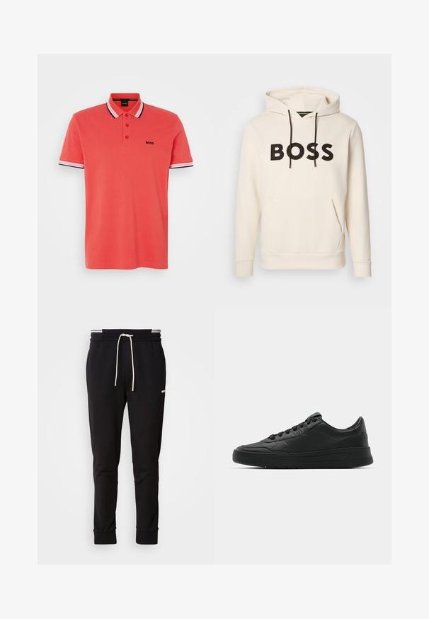 Kermakuvioinen huppari, jossa musta "BOSS" -teksti rinnassa, mustat narut ja etupuolella kengurupocket.; Paita polo korallinvärisenä, jossa on kaksinappinen kaulus, lyhyet hihat mustavalkoisilla raidallisilla yksityiskohdilla ja pieni musta "BOSS"-logo rinnassa.; Musta slim-fit juoksuhousut valkoisella nauhalla, ribbireunat ja hillitty logo ylemmässä reidessä tasaisella taustalla.; Mustat lenkkitossut, joissa on sileä nahkapäällinen, pyöreä kärki, tasaiset nauhat, pehmustettu nilkka ja minimalistinen muotoilu. Kumia pohja, jossa on hillitty urakuvio.