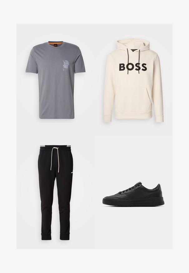 Crème kleurige hoodie met zwarte "BOSS" tekst op de borst, zwarte trekkoorden en een handige buidelzak aan de voorkant.; Grijze katoenen T-shirt met een ronde hals, korte mouwen en een grafische print op de linkerborst. Het label binnenin heeft oranje accenten.; Zwarte slim-fit joggerbroek met witte trekkoord, ribgebreide boorden en subtiele logo op de bovenbenen, tegen een effen achtergrond.; Zwarte sneaker met een glad leren bovenwerk, ronde neus, platte veters, gewatteerde kraag en minimalistisch design. Rubberen zool met een subtiel profiel.