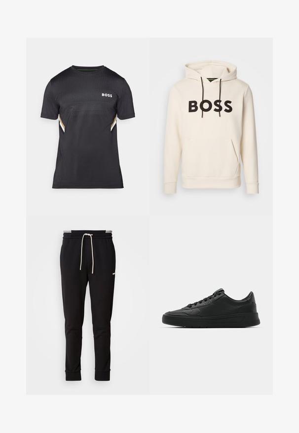 Kremfarget hettegenser med svart "BOSS" tekst på brystet, svarte snorer og en kengurulomme foran.; Svart kortermet T-skjorte med teksturert design, som har et panel med små prikker, hvit "BOSS" logo, samt gull- og hvite detaljer på sidene.; Sorte slim-fit joggebukser med hvit snor, ribbede mansjetter og subtil logo på den øvre låret mot en ensfarget bakgrunn.; Sorte sneakers med glatt skinnøvre, rund tå, flate lisser, polstret krage og minimalistisk design. Gummisåle med subtilt mønster.