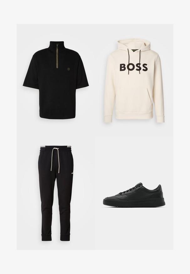 Κρεμ χρώματος hoodie με μαύρο κείμενο "BOSS" στο στήθος, μαύρες κορδόνες και μπροστινή τσέπη καγκουρό.; Μαύρο κοντομάνικο πουλόβερ με ψηλό γιακά και μισό φερμουάρ, που διαθέτει χρυσές λεπτομέρειες. Μικρή λογότυπη ετικέτα στο αριστερό στήθος. Λείο υλικό.; Μαύρο παντελόνι jogger σε στενή γραμμή με λευκή κορδονιέρα, ραμμένα μανίκια και διακριτικό λογότυπο στο πάνω μέρος του μηρού, σε απλό φόντο.; Μαύρο αθλητικό παπούτσι με λείο δέρμα, στρογγυλή μύτη, επίπεδα κορδόνια, μαξιλαρωμένο κολάρο και μινιμαλιστικό σχέδιο. Καουτσούκ σόλα με ήπιο μοτίβο πρόσφυσης.