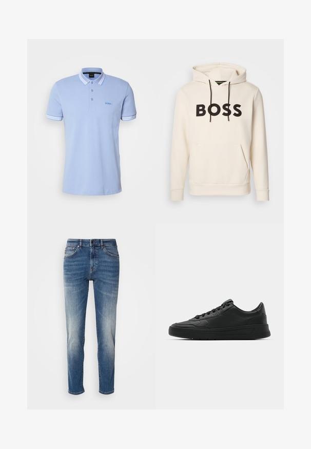 Kremfarget hettegenser med svart "BOSS" tekst på brystet, svarte snorer og en kengurulomme foran.; BOSS PADDY - Poloskjorter - open blue; Blå denimjeans med rette ben, lys falming, klassisk fem-lomme-stil og glidelås med knappelukking.; Sorte sneakers med glatt skinnøvre, rund tå, flate lisser, polstret krage og minimalistisk design. Gummisåle med subtilt mønster.