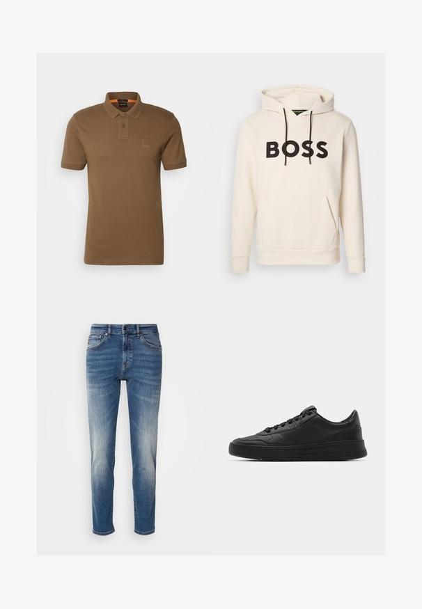 Un hanorac crem cu text negru "BOSS" pe piept, sireturi negre și o buză frontală tip kangur.; BOSS PASSENGER - Bluză polo - open brown; Jeanși din denim albastru cu un design drept, ușor decolorat, stil clasic cu cinci buzunare și fermoar cu închidere cu buton.; Nike sport cu partea superioară din piele netedă, vârf rotund, sireturi plate, guler căptușit și design minimalist. Talpă din cauciuc cu un model discret de profil.