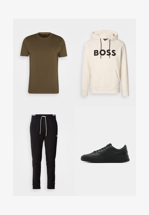 Krém színű kapucnis pulóver fekete "BOSS" felirattal a mellrészen, fekete húzózsinórokkal és egy elülső kenguruzsebbek.; Olajzöld, rövid ujjú pamut póló kerek nyakkivágással, a mellkason egy kis négyzet alakú logóval.; Fekete, slim-fit jogger nadrág fehér húzózsinórral, bordás mandzsettákkal és diszkrét logóval a comb felső részén, egyszínű háttér előtt.; Fekete sneaker sima bőr felsőrésszel, kerek orral, lapos fűzőkkel, párnázott nyakkal és minimalista dizájnnal. Gumi talp finom profillal.