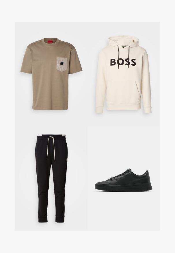 Krémová mikina s kapucí a černým nápisem "BOSS" na hrudi, černými stahovacími šňůrkami a přední kapsou ve stylu klokan.; Béžové tričko vyrobené z bavlny, s náprsní kapsou v kontrastní světlejší barvě a malým černým logem na kapse.; Černé slim-fit joggingové kalhoty s bílou stahovací šňůrkou, žebrovanými manžetami a jemným logem na horní části stehna na jednoduchém pozadí.; Černé tenisky s hladkým koženým svrškem, kulatou špičkou, plochými tkaničkami, polstrovaným límcem a minimalistickým designem. Gumová podrážka s jemným vzorkem.