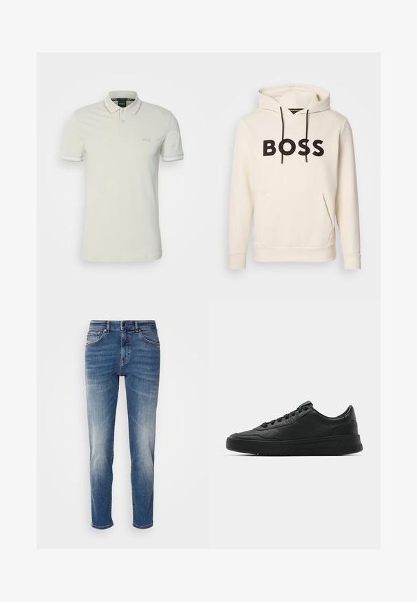 Kreemivärvi kapuutsiga särk, millel on must "BOSS" tekst rinna peal, mustad nöörid ja esine tasku.; BOSS PAUL - Polosärk - light beige; Sinine denimist valmistatud teksapükse sirge sääre kujundusega, kerge kulumisefektiga, klassikalise viie-taskuga stiiliga ning lukuga, millel on nupp sulgemiseks.; Mustmustel musta nahast ülemise osaga, ümmarguse varbaga, lamest paeltega, pehmendatud kaeluse ja minimalistliku disainiga. Kummist tald, millel on peen tihenemine.
