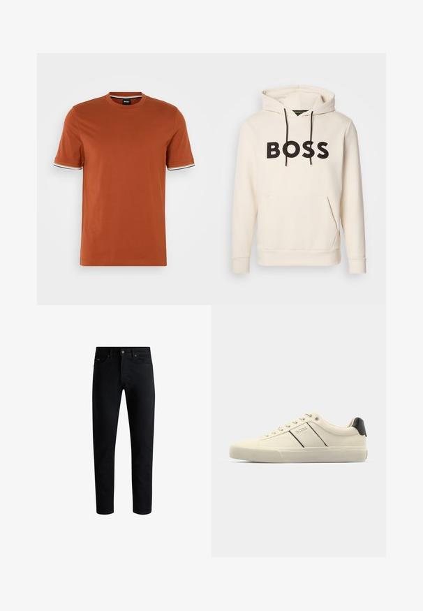 Krémová mikina s kapucňou a čiernym textom "BOSS" na hrudi, čiernymi šnúrkami a prednou kengurou vreckom.; Tričká s krátkym rukávom v rustikálnej oranžovej farbe z bavlny s okrúhlym výstrihom. Obsahuje biele a čierne pruhované akcenty na rukávoch. Čisté prevedenie.; Čierne slim-fit džínsy s piatimi vreckami, so zapínaním na gombík a pútkami na opasok, vystavené na bielom pozadí.; Krémové tenisky s hladkou textúrou, s čiernymi akcentmi a brandingom. Klasický štýl so šnurovaním, guľatou špičkou a gumovou podrážkou.