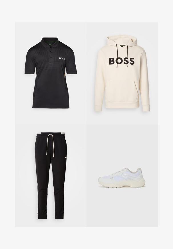 Krémová mikina s kapucňou a čiernym textom "BOSS" na hrudi, čiernymi šnúrkami a prednou kengurou vreckom.; Čierna polokošeľa z textúrovanej látky s krátkymi rukávmi, golierom na tri gombíky a bielym logom "BOSS" na hrudi.; Čierne slim-fit teplákové nohavice s bielou šnúrkou na stiahnutie, rebrovanými manžetami a nenápadným logom na hornej strane stehna na jednofarebnom pozadí.; Biele atletické topánky vyrobené z materiálov sieťoviny a semišu, s textúrovanou strednou podošvou, textúrovanými akcentmi a logom "HUGO" na boku.