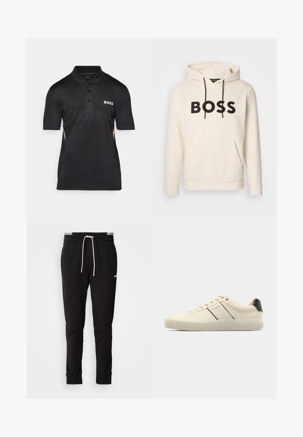 Krémová mikina s kapucí a černým nápisem "BOSS" na hrudi, černými stahovacími šňůrkami a přední kapsou ve stylu klokan.; Černé polo tričko vyrobené z texturované látky, s krátkými rukávy, límcem na tři knoflíky a bílým logem "BOSS" na hrudi.; Černé slim-fit joggingové kalhoty s bílou stahovací šňůrkou, žebrovanými manžetami a jemným logem na horní části stehna na jednoduchém pozadí.; Krémové tenisky s hladkým povrchem, s černými akcenty a logem. Klasický šněrovací design s kulatou špičkou a gumovou podrážkou.