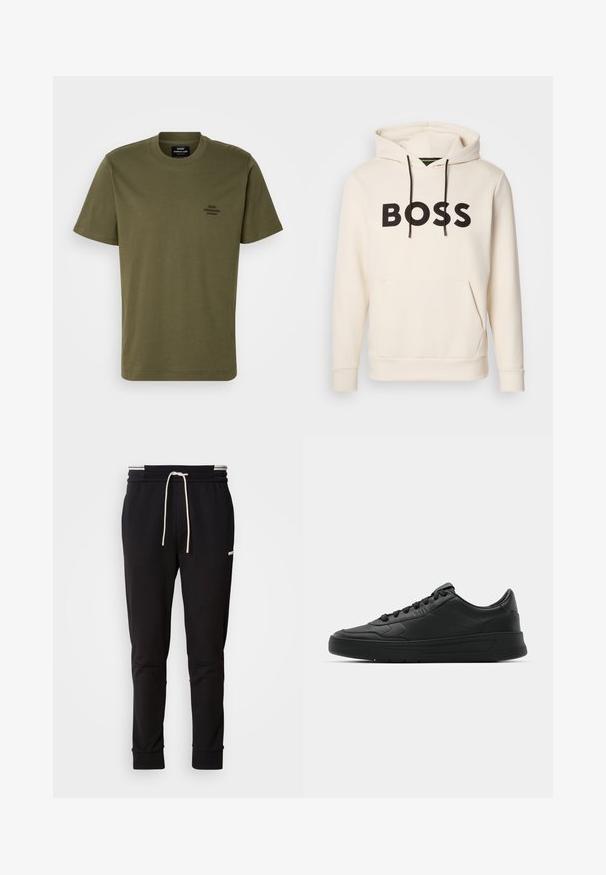 Kreminės spalvos džemperis su juodu "BOSS" tekstu ant krūtinės, juodomis pavadėlėmis ir priekinėmis kengūros kišenėmis.; Alyvuogių žalios spalvos trumpomis rankovėmis marškinėliai, pagaminti iš medvilnės, su apvalia iškirpte ir mažuoju siuvinėtu logotipu kairėje krūtinės pusėje. Lygus paviršius.; Juodi siauri džinsai su balta raišteliu, viršutinėje šlaunies dalyje su subtiliu logotipu, ant vienalytės fono.; Juodi sportiniai batai su lygia odine viršutine dalimi, apvaliu pirštu, plokščiomis raišteliais, pagaminta su paminkštinta apykakle ir minimalizmo dizainu. Guma padais su subtilia protektoriaus raštu.