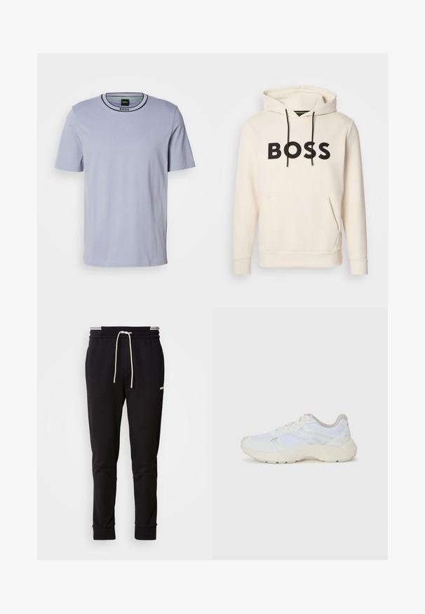 Kremfarget hettegenser med svart "BOSS" tekst på brystet, svarte snorer og en kengurulomme foran.; Lys blå kortermet T-skjorte i myk bomull. Har en klassisk rund hals med svart kant og en subtil logoetikett på kragen.; Sorte slim-fit joggebukser med hvit snor, ribbede mansjetter og subtil logo på den øvre låret mot en ensfarget bakgrunn.; Hvit idrettssko laget av mesh og skinn, med en teksturert mellomsåle, teksturerte detaljer og "HUGO"-logo på siden.