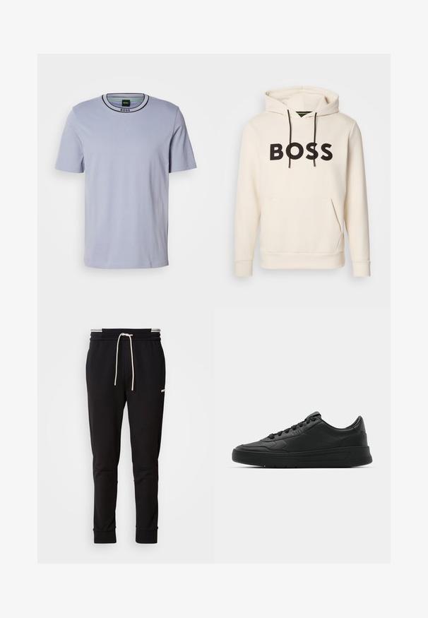 Cremefarvet hoodie med sort "BOSS" tekst på brystet, sorte snore og en front kangaroo lomme.; Lyseblå kortærmet T-shirt i blød bomuld. Har en klassisk rund halsudskæring med sort kant og et diskret logomærke på kraven.; Sorte slim-fit joggingbukser med hvid snor, ribbede manchetter og subtilt logo på den øvre lår mod en ensfarvet baggrund.; Sort sneakers med glat læderoverdel, rund tå, flade snørebånd, polstret krave og minimalistisk design. Gummisål med subtilt mønster.