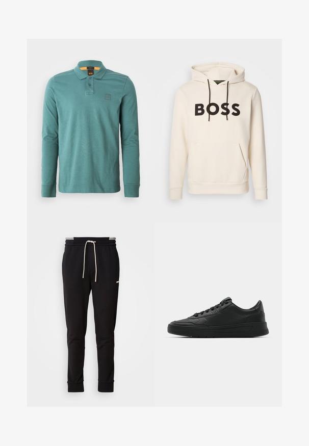 Kremfarget hettegenser med svart "BOSS" tekst på brystet, svarte snorer og en kengurulomme foran.; Langermet poloskjorte i teal bomull. Har krage, to knapper og et lite logo-merke på venstre bryst.; Sorte slim-fit joggebukser med hvit snor, ribbede mansjetter og subtil logo på den øvre låret mot en ensfarget bakgrunn.; Sorte sneakers med glatt skinnøvre, rund tå, flate lisser, polstret krage og minimalistisk design. Gummisåle med subtilt mønster.