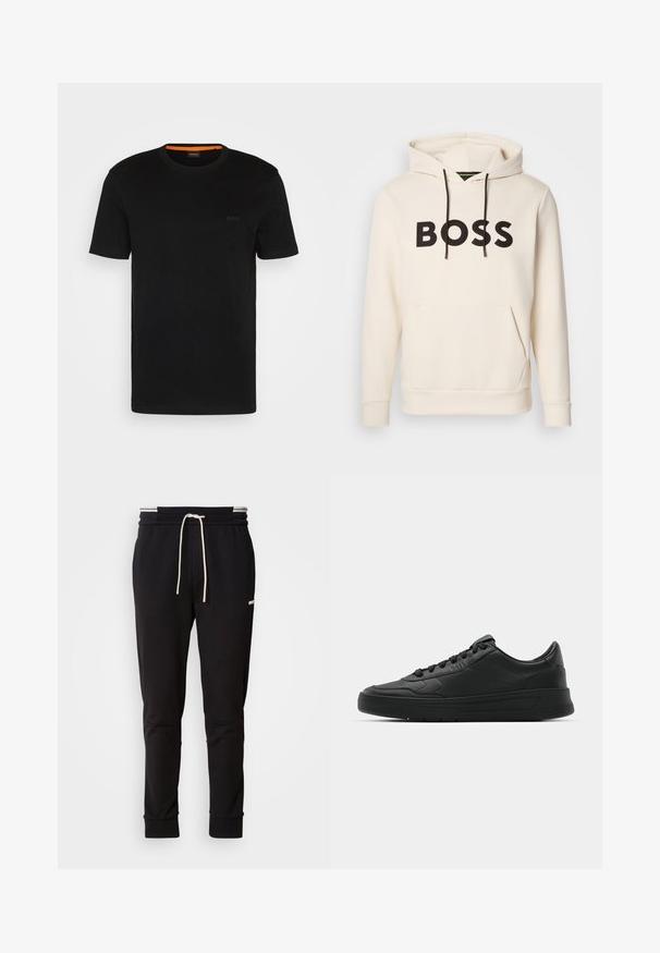 Krémová mikina s kapucí a černým nápisem "BOSS" na hrudi, černými stahovacími šňůrkami a přední kapsou ve stylu klokan.; Černé tričko s krátkým rukávem vyrobené z měkké tkaniny, s kulatým výstřihem a jemným logem na přední straně. Uvnitř límečku je oranžový detail.; Černé slim-fit joggingové kalhoty s bílou stahovací šňůrkou, žebrovanými manžetami a jemným logem na horní části stehna na jednoduchém pozadí.; Černé tenisky s hladkým koženým svrškem, kulatou špičkou, plochými tkaničkami, polstrovaným límcem a minimalistickým designem. Gumová podrážka s jemným vzorkem.