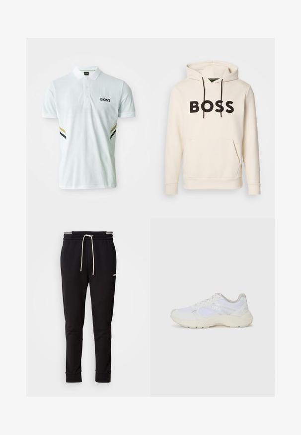 Sweatshirt creme com o texto "BOSS" em preto no peito, cordões pretos e um bolso tipo canguru na frente.; Camisa polo branca com um padrão texturizado, três botões e o logótipo "BOSS". Acentos laterais em riscas verdes, douradas e pretas.; Calças de jogging slim-fit pretas com cordão branco, punhos canelados e um logótipo subtil na parte superior da coxa, contra um fundo simples.; Ténis brancos desportivos feitos de malha e camurça, com uma entressola texturizada, elementos texturizados e o logótipo "HUGO" na lateral.