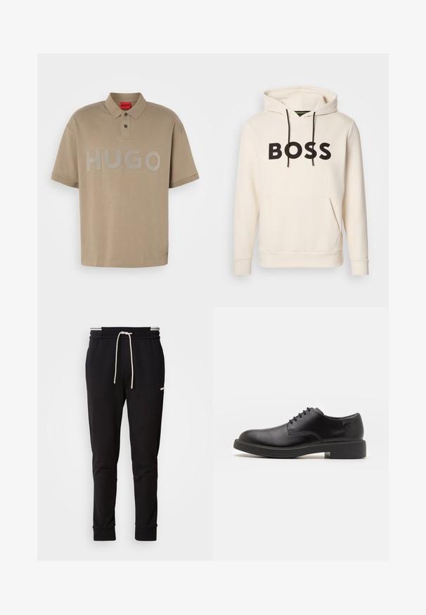Helle Hoodie in Cremefarbe mit schwarzem "BOSS"-Text auf der Brust, schwarzen Kordelzügen und einer frontalen Kängurutasche.; Beige Poloshirt mit Kragen, kurzen Ärmeln und großem grauen "HUGO"-Logo auf der Vorderseite. Mit Zwei-Knopf-Leiste.; Schwarzere Slim-Fit-Jogginghose mit weißem Kordelzug, gerippten Bündchen und subtilen Logo am Oberschenkel auf einem schlichten Hintergrund.; Schwarzer Leder-Schnürschuh mit abgerundetem Zeh, glatter Textur, minimaler Naht und niedrigem Gummiabsatz. Logo auf der Ferse.