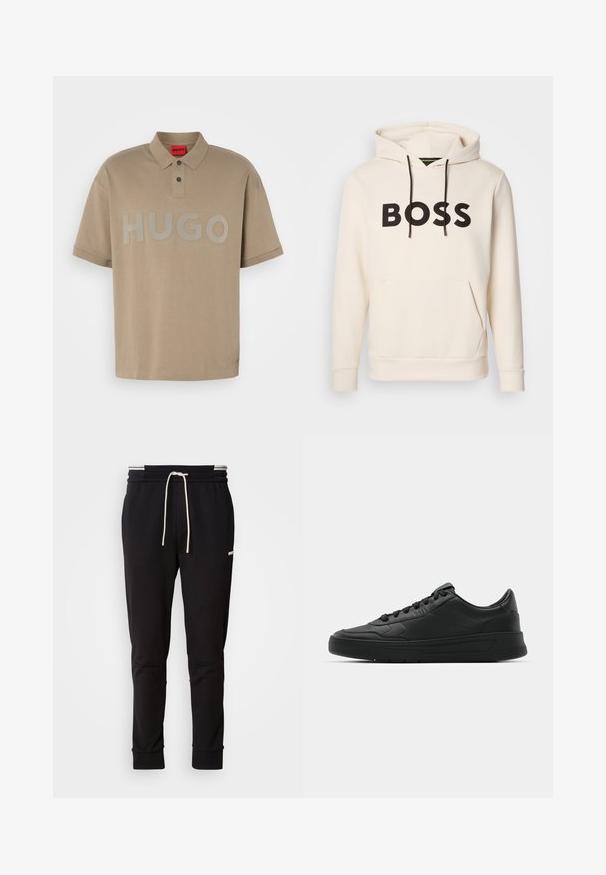 Krém színű kapucnis pulóver fekete "BOSS" felirattal a mellrészen, fekete húzózsinórokkal és egy elülső kenguruzsebbek.; Beige pólóing, állógallérral, rövid ujjakkal és nagy szürke "HUGO" logóval az elején. Két gombos nyílással rendelkezik.; Fekete, slim-fit jogger nadrág fehér húzózsinórral, bordás mandzsettákkal és diszkrét logóval a comb felső részén, egyszínű háttér előtt.; Fekete sneaker sima bőr felsőrésszel, kerek orral, lapos fűzőkkel, párnázott nyakkal és minimalista dizájnnal. Gumi talp finom profillal.