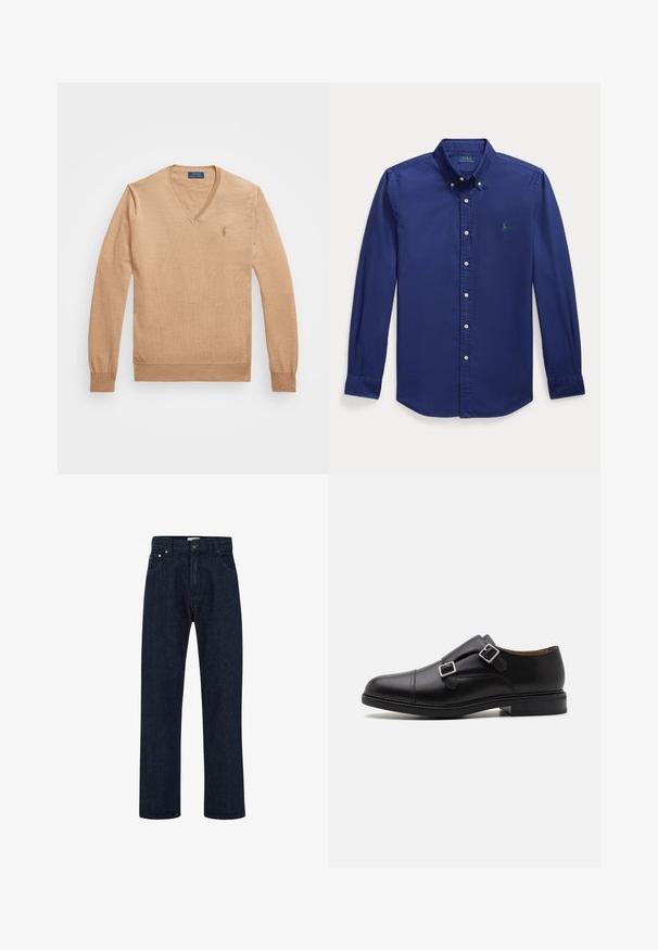 Gai bēšs V-veida džemperis ar garām piedurknēm, izgatavots no smalkas dzijas. Tam ir ribotas piedurknes un neliels izšūts logo uz krūts.; Jūras zila garām piedurknēm pogājama krekls, izgatavots no kokvilnas. Tam ir norādīta apkakle un neliels zaļš izšūts logo kreisajā krūtī.; Tumši zila džinsa auduma bikses ar augstu jostasvietu, taisnām plašām kājām, priekšējām kabatām un metālisku pogu aizdari. Klasiska piecu kabatu dizains.; Melnas ādas kleitu kurpes ar diviem sprādžu aizdari, noapaļota purngala, smalki izšuvumi un plakans, teksturēts gumijas zole.