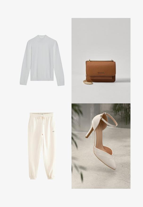Suéter blanco de cuello alto con mangas largas, con cuello y dobladillo acanalados. Textura suave, diseño minimalista sin patrones o acentos visibles.; Pantalones jogger de color crema, hechos de una tela suave, con cinturilla elástica, cordón, bolsillos laterales y puños acanalados. Logotipo "self." impreso.; Zapato blanco de tacón alto en material suave con punta afilada y correa en el tobillo. Presenta un interior de color beige claro y acentos en tono dorado.; Bolso crossbody de cuero texturizado marrón con correa de cadena dorada y cierre de solapa. La parte frontal presenta un detalle de logo y un bolsillo debajo de la solapa.