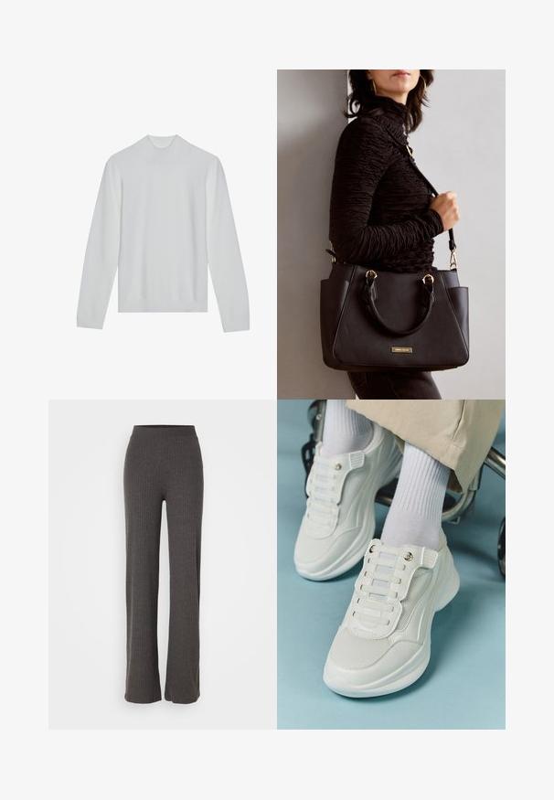 Fehér garbó pulóver hosszú ujjal, bordázott gallérral és szegéllyel. Puha tapintású, minimalista dizájn, látható minták vagy díszítések nélkül.; Szürke, bordázott kötött nadrág széles szárral és gumis derékkal. Az anyag textúrált megjelenésű, laza illeszkedést biztosít.; Fehér sportcipők, amelyek hálós anyagból készültek, gumitalpúak, fűző nélküli kialakítással, rugalmas pántokkal és arany színű kiegészítőkkel rendelkeznek.; Fekete kézitáska texturált felülettel, dupla felső fogantyúval és állítható vállpánttal. Arany színű fém kiegészítők és oldalsó zsebek találhatók rajta.
