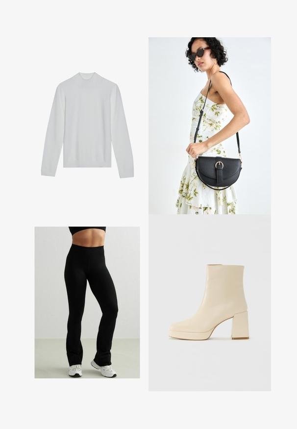 Bílý rolák se dlouhými rukávy, žebrovaným límcem a lemem. Měkká textura, minimalistický design bez viditelných vzorů nebo akcentů.; Černé přiléhavé legíny s vysokým pasem, vyrobené z elastického materiálu. Mají hladkou texturu a rozšířený design na kotnících. Vybavené s bílými teniskami.; Béžová kožená kotníková bota s blokovým podpatkem a platformovou podrážkou, hladký povrch a mírně čtvercová špička, otočená vlevo na bílém pozadí.; Černá kožená kabelka s křivkovým tvarem, odnímatelným popruhem a zlatými detaily. Kabelka má klopu s přezkou.
