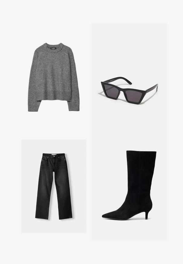 Šedý pletený svetr s kulatým výstřihem, žebrovanými manžetami a lemem, vyznačující se uvolněným střihem a jemnou texturou.; Bershka Džíny Straight Fit - mottled dark grey; Černé semišové kotníkové boty s špičatou špičkou, úzkým podpatkem a hladkým povrchem, s přiléhavým střihem a bez viditelného kovu.; Černé, ostré sluneční brýle s šedými skly; vyrobené z plastu, s mohutnými rameny a hladkým povrchem bez viditelného hardwaru.