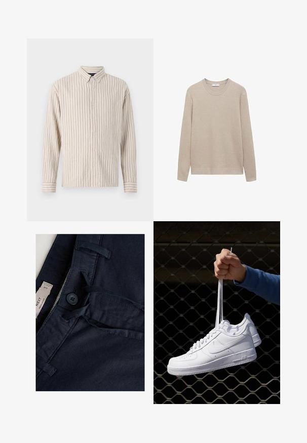 Beige geribbelde gebreide trui met een ronde halslijn, lange mouwen en een rechte zoom. Zachte textuur en neutrale kleur, geschikt voor lagen.; Overhemd met knopen in crème met verticale strepen. Gemaakt van een textuurstof, met een kraag, lange mouwen en een knoopsluiting aan de voorkant.; Navyblauwe broek met een gladde textuur, voorzien van een knoopsluiting, trekkoord en labeltag. Gestikte accenten op de tailleband.; Witte leren sneakers met perforaties, ronde neus, vlakke zool en dikke veters, met een zichtbare swoosh-logo en "AIR" op de hiel.
