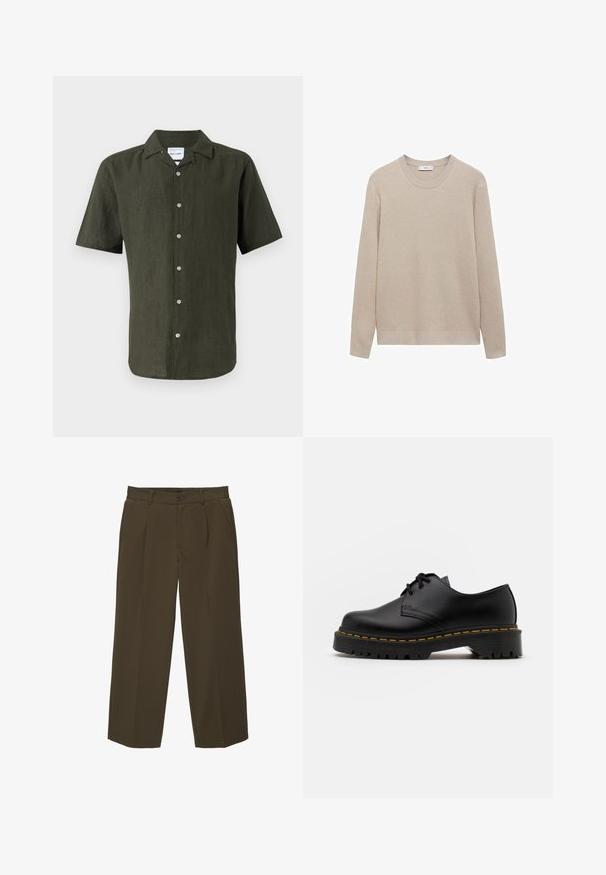 Béžový rebrovaný pletený sveter s okrúhlym výstrihom, dlhými rukávmi a rovnom spodným okrajom. Mäkká textúra a neutrálny odtieň vhodný na vrstvenie.; Krátky rukáv, tmavozelená ľanová košeľa s golierom, predným zapínaním na gombíky a rovnými okrajmi. Textúrovaná tkanina s mírnym leskom.; Hnedé, voľné nohavice vyrobené z mäkkej tkaniny s plochým predným dielom, bočnými vreckami a gombíkovým zapínaním v páse. Jednoduchý dizajn bez vzorov.; Čierna kožená šnurovacia topánka s okrúhlou špičkou, štruktúrovanou gumovou podrážkou a žltým prešitím okolo základne. Plný dizajn a hladký povrch.